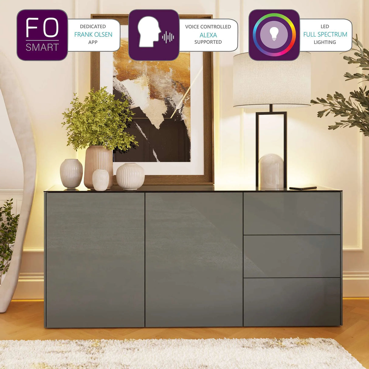 Frank Olsen Intel Range Gloss Grey Sideboard With LED Lighting