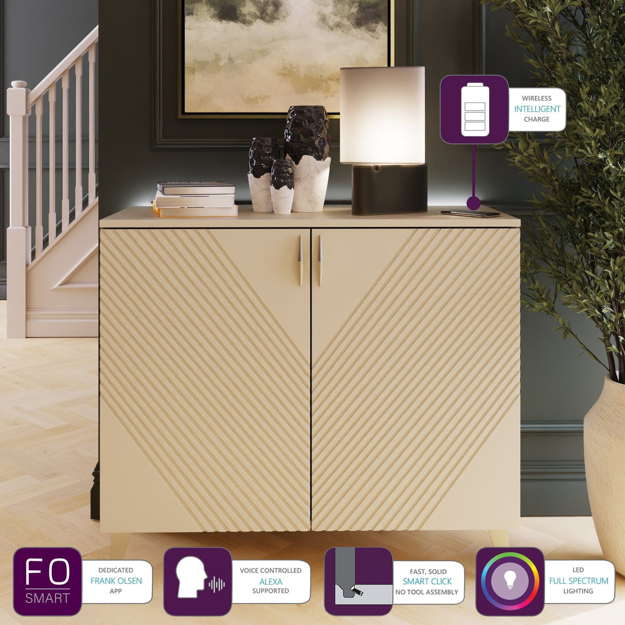 Frank Olsen AVA White Tall Sideboard with Mood Lighting & Wireless Phone Charging