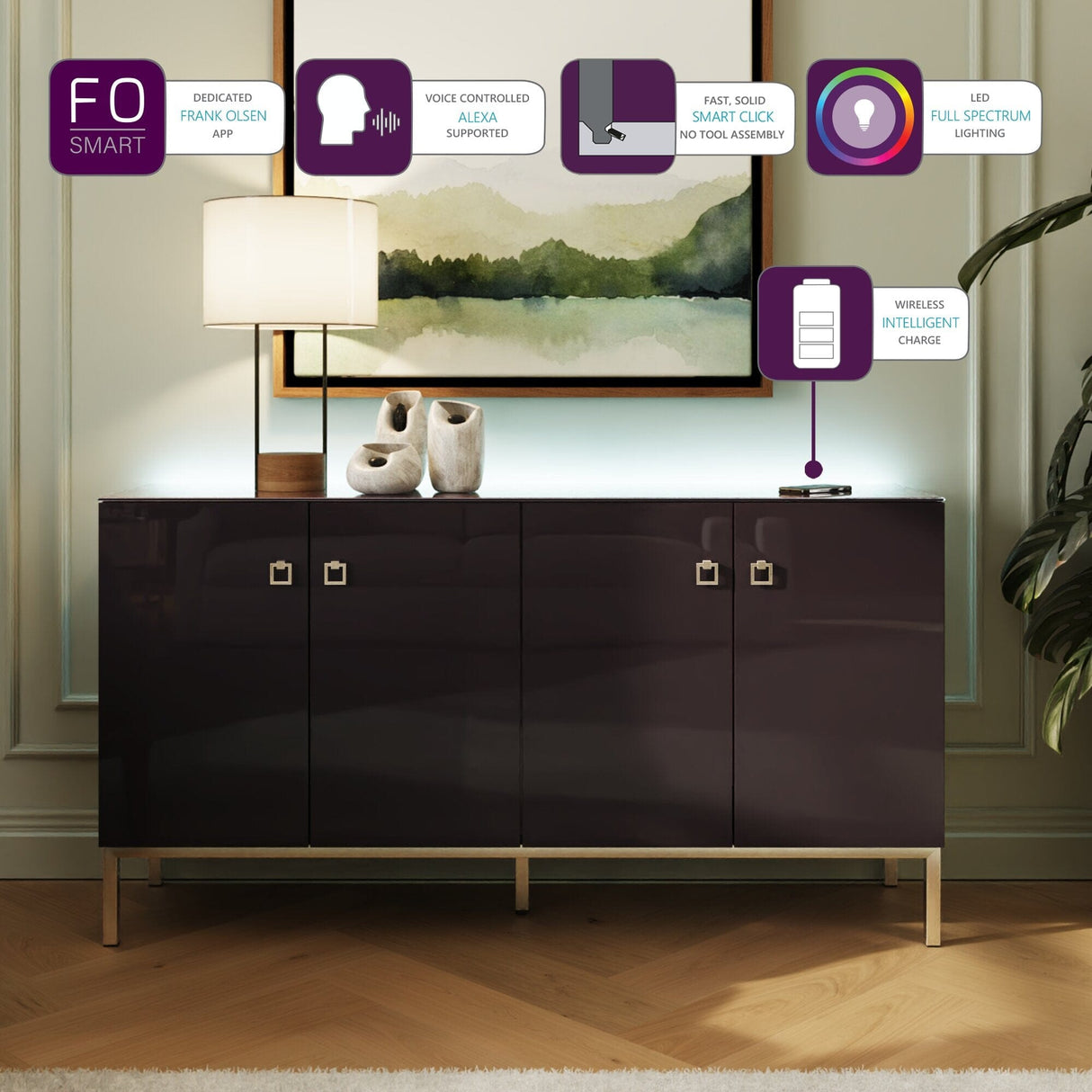 Frank Olsen Lyra Plum Black Sideboard with Mood Lighting & Wireless Phone Charging