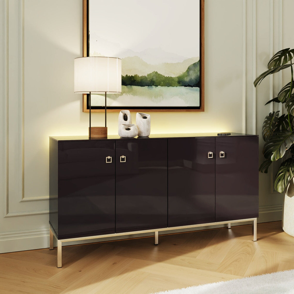 Frank Olsen Lyra Plum Black Sideboard with Mood Lighting & Wireless Phone Charging