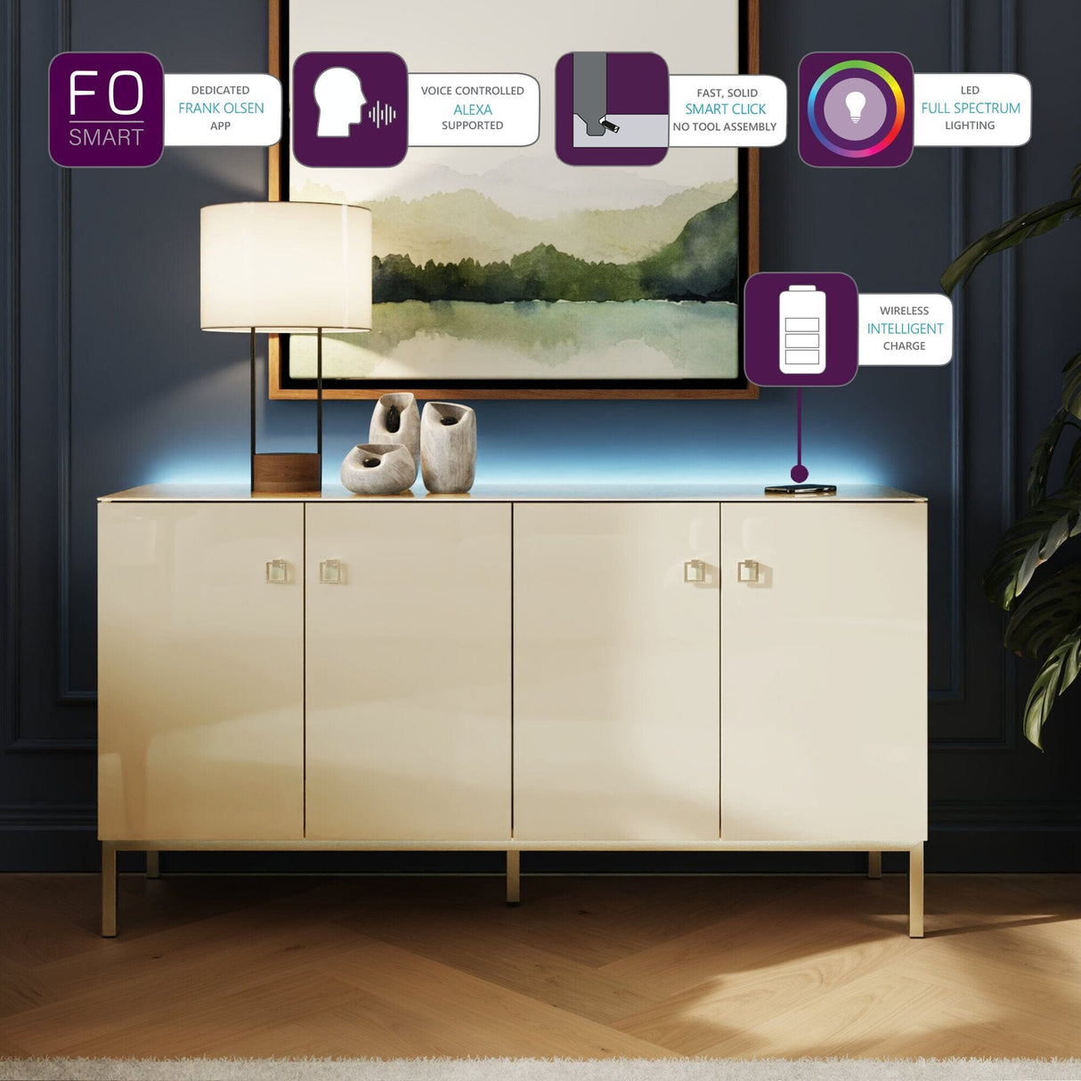 Frank Olsen Lyra Antique White Sideboard with Mood Lighting & Wireless Phone Charging