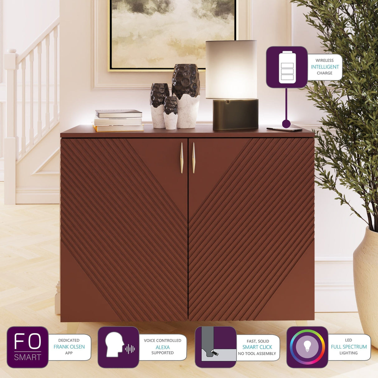 Frank Olsen AVA Mulberry Tall Sideboard with Mood Lighting & Wireless Phone Charging