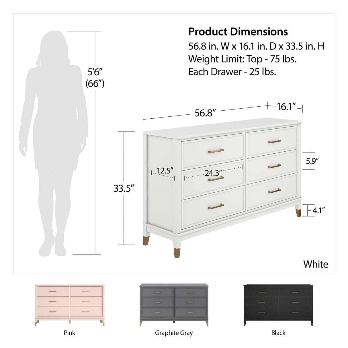 CosmoLiving Westerleigh 6 Drawer Dresser White