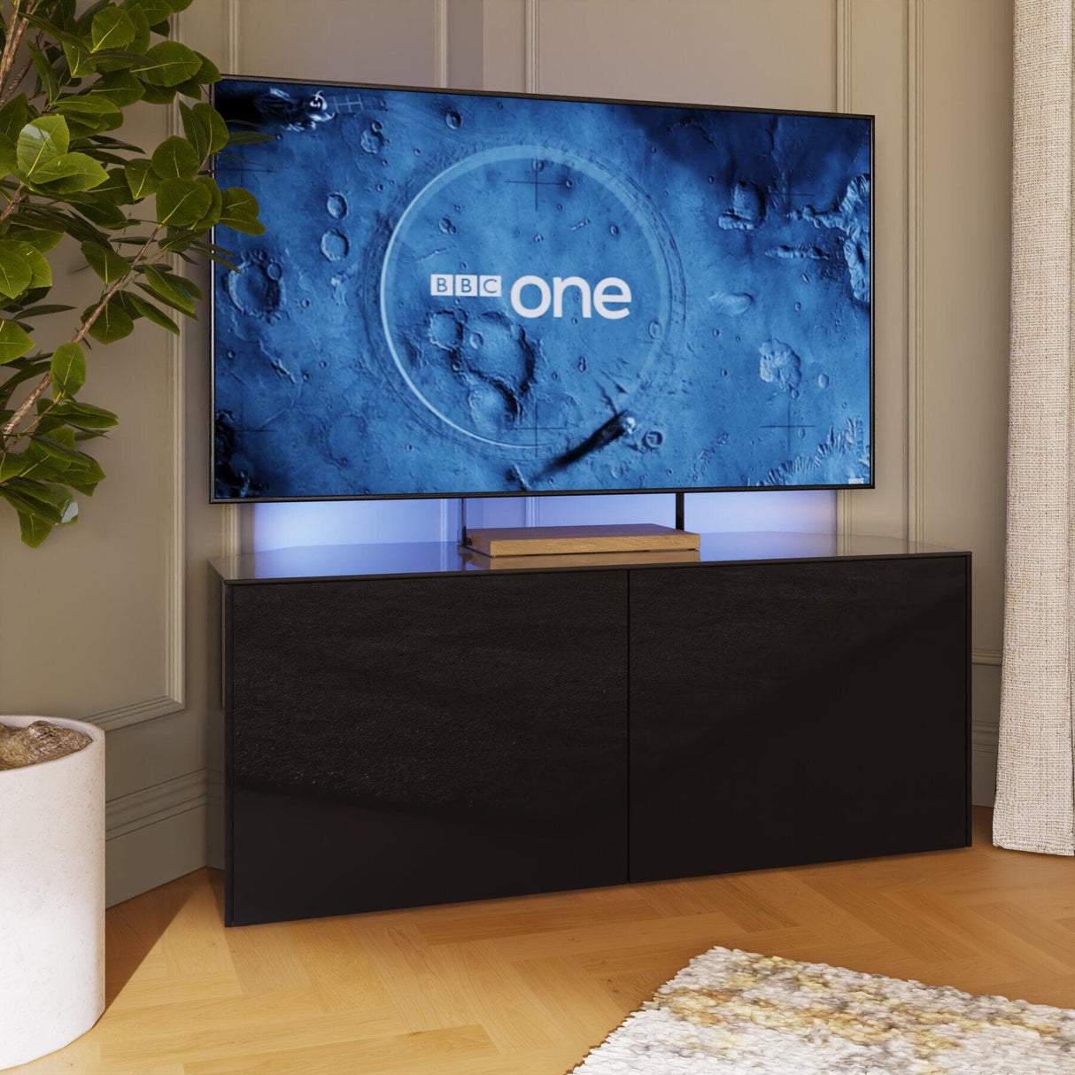 Frank Olsen High Gloss Black 1200mm Corner TV Cabinet with LED Lighting