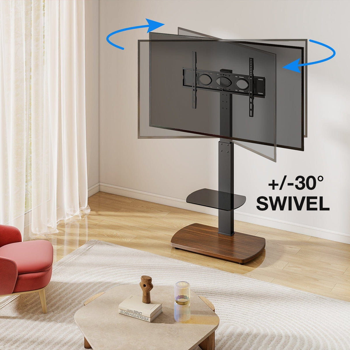 TTAP FS1-WAL Walnut & Black TV Stand with Height Adjustable Swivel Bracket for up to 55" TVs