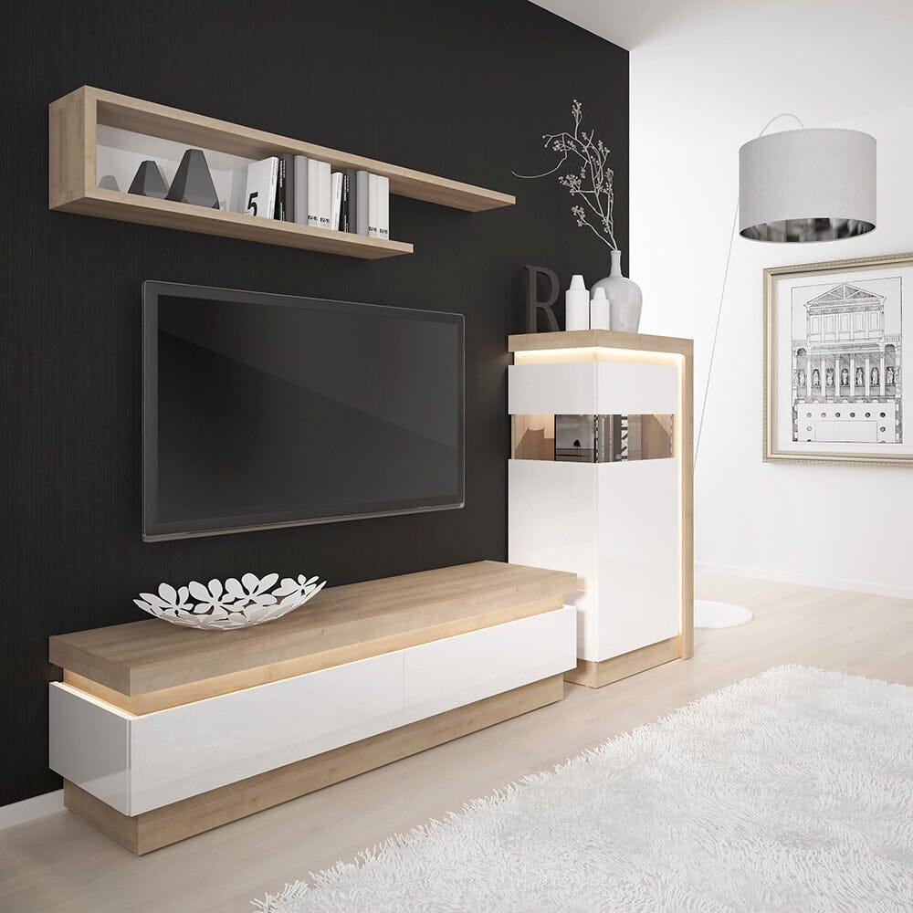 Furniture To Go Lyon 2 Drawer TV Cabinet with LED Lighting in Riviera Oak/White High Gloss