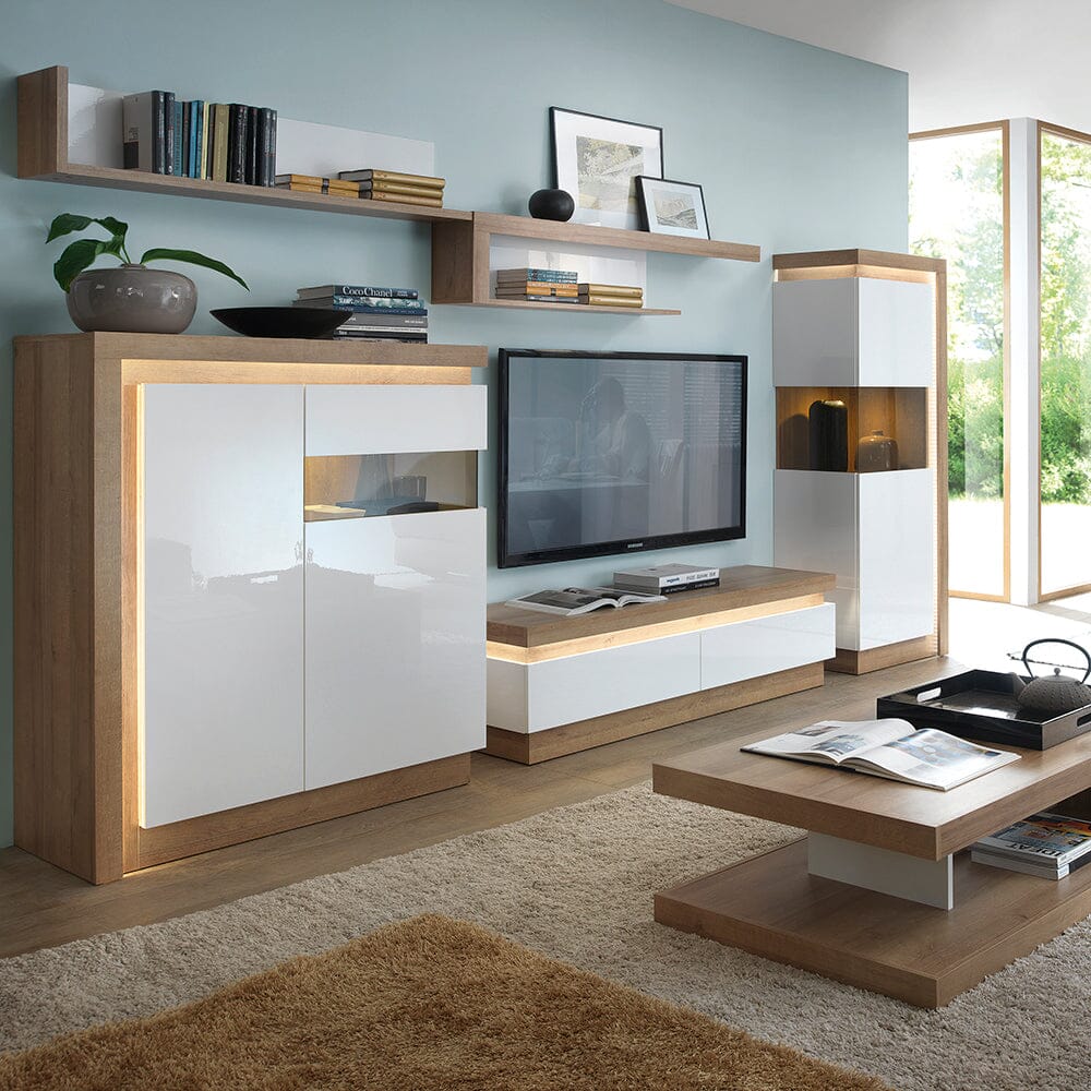 Furniture To Go Lyon 2 Drawer TV Cabinet with LED Lighting in Riviera Oak/White High Gloss