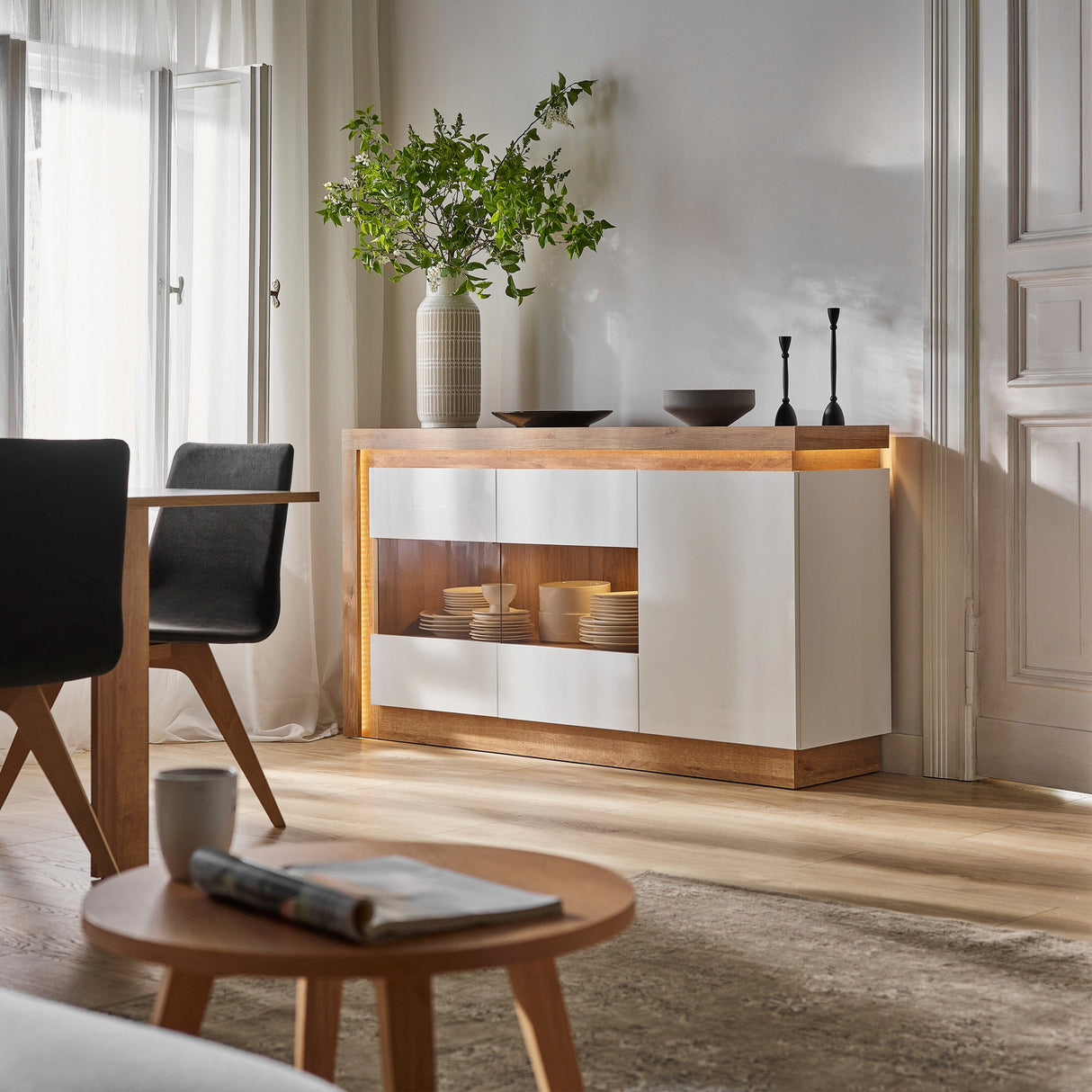 Furniture To Go Lyon 3 Door Glazed Sideboard in Riviera Oak/White High Gloss