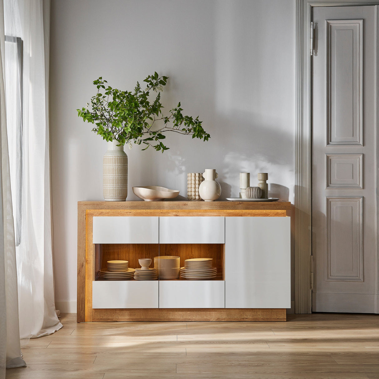 Furniture To Go Lyon 3 Door Glazed Sideboard in Riviera Oak/White High Gloss