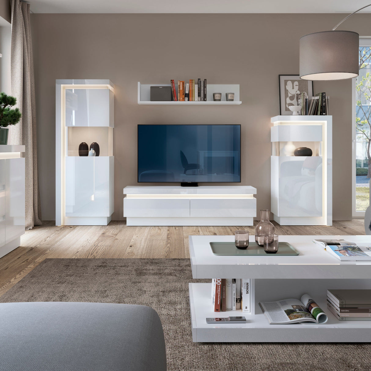 Furniture To Go Lyon 2 Drawer TV Cabinet (including LED lighting) in White and High Gloss