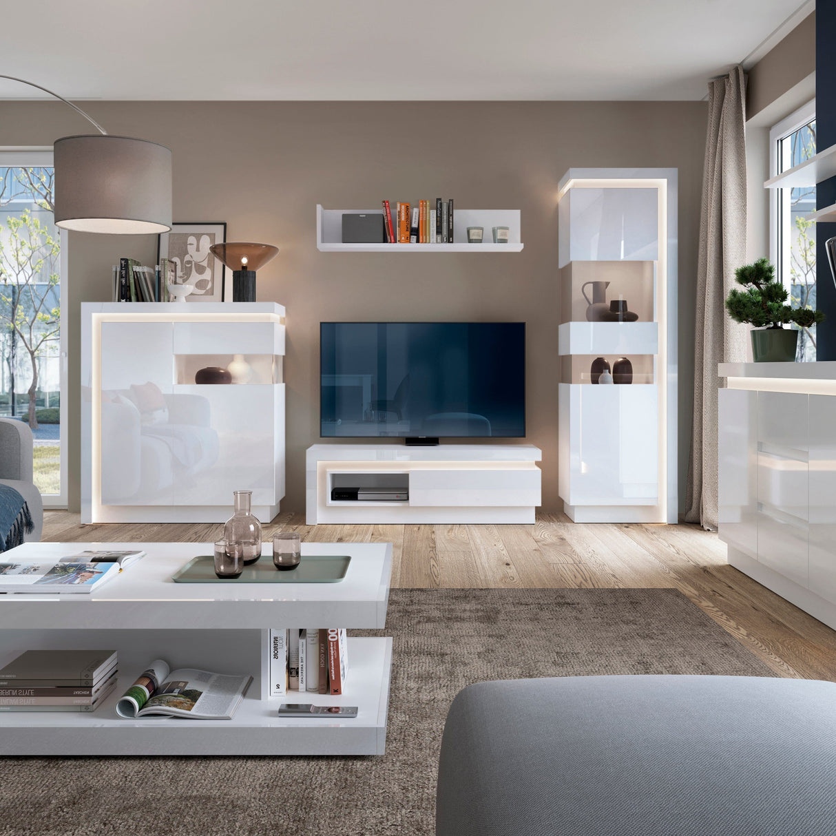 Furniture To Go Lyon Tall Narrow Display Cabinet (LHD) (including LED lighting) in White and High Gloss