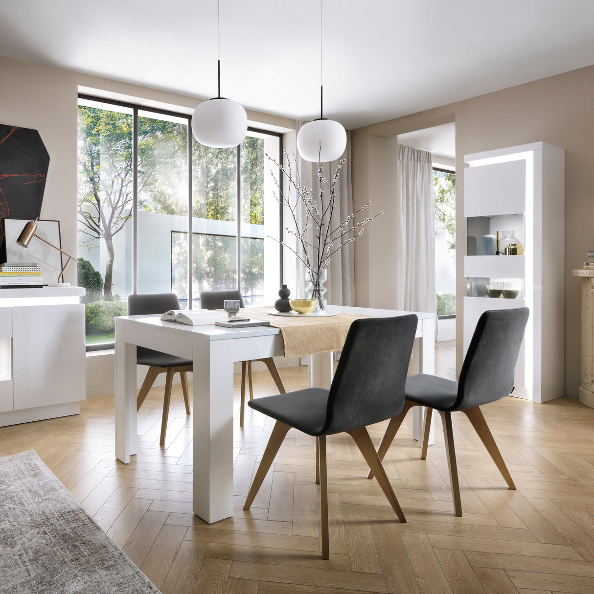 Furniture To Go Lyon Tall Narrow Display Cabinet (LHD) (including LED lighting) in White and High Gloss