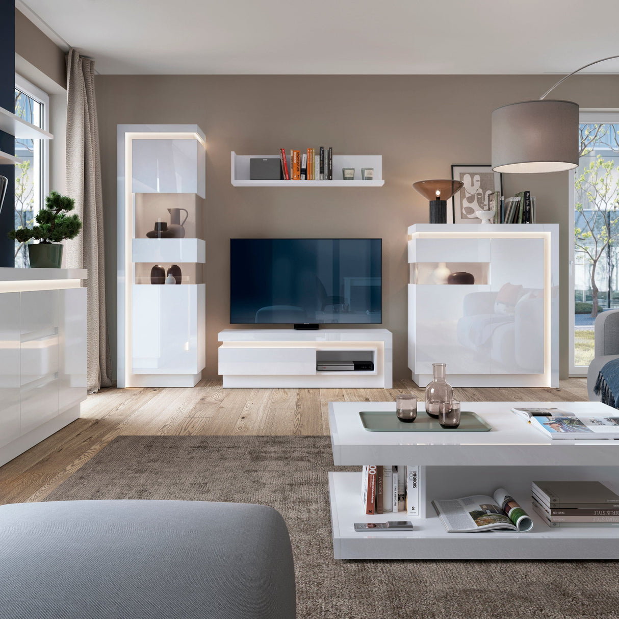 Furniture To Go Lyon Tall Narrow Display Cabinet (RHD) (including LED lighting) in White and High Gloss