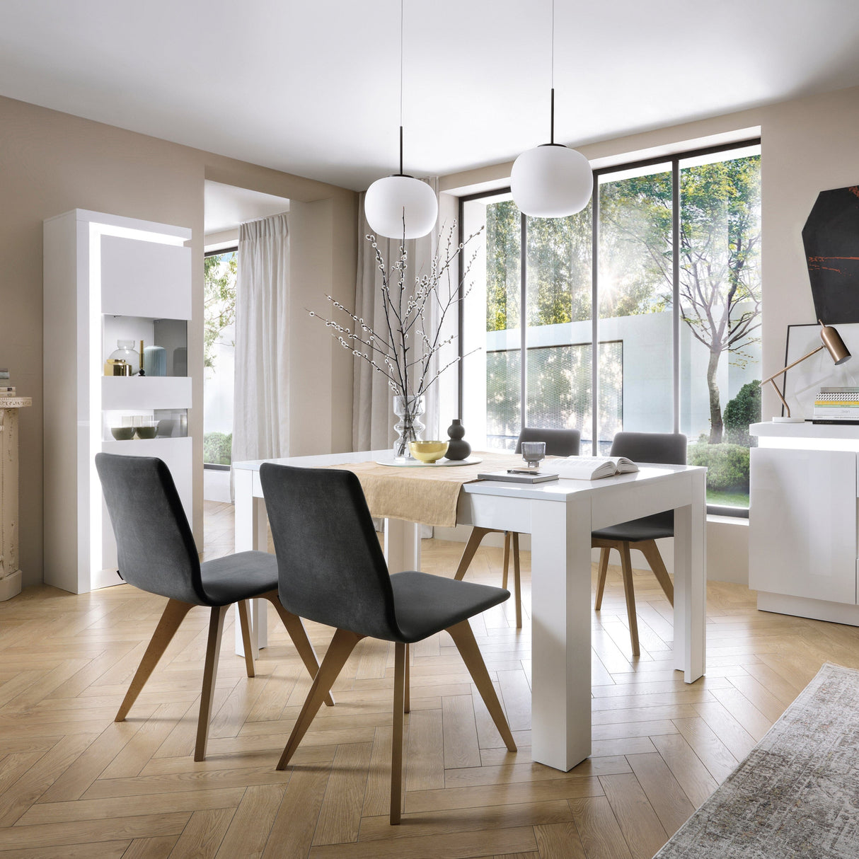 Furniture To Go Lyon Tall Narrow Display Cabinet (RHD) (including LED lighting) in White and High Gloss