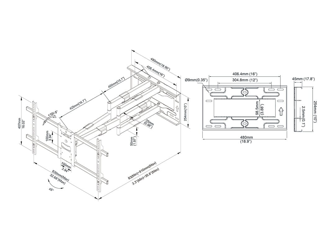 Multibrackets M Universal Long Reach TV Wall Bracket Arm 910mm in White