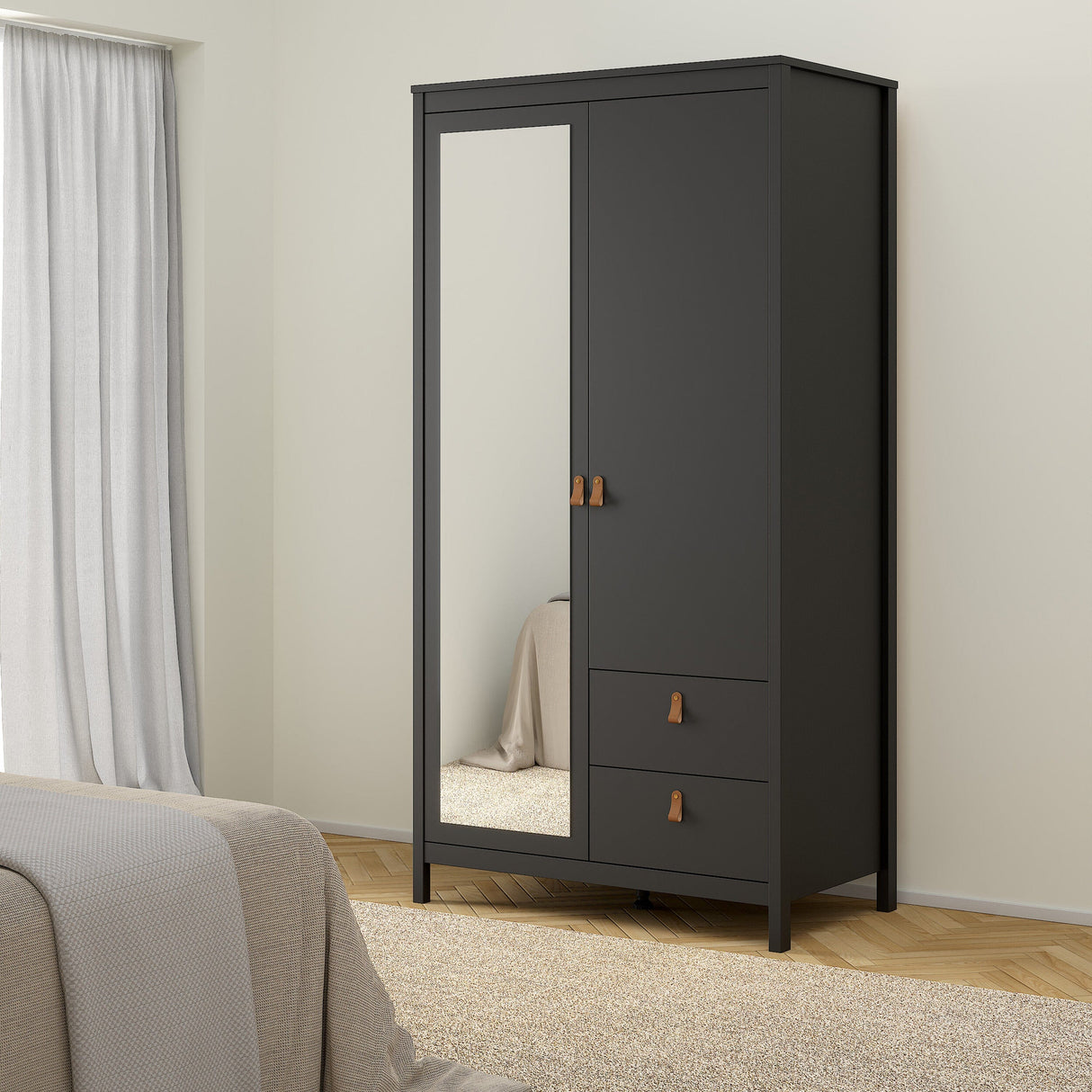 Furniture To Go Barcelona Wardrobe with 1 Door 1 Mirror Door 2 Drawers in Matt Black