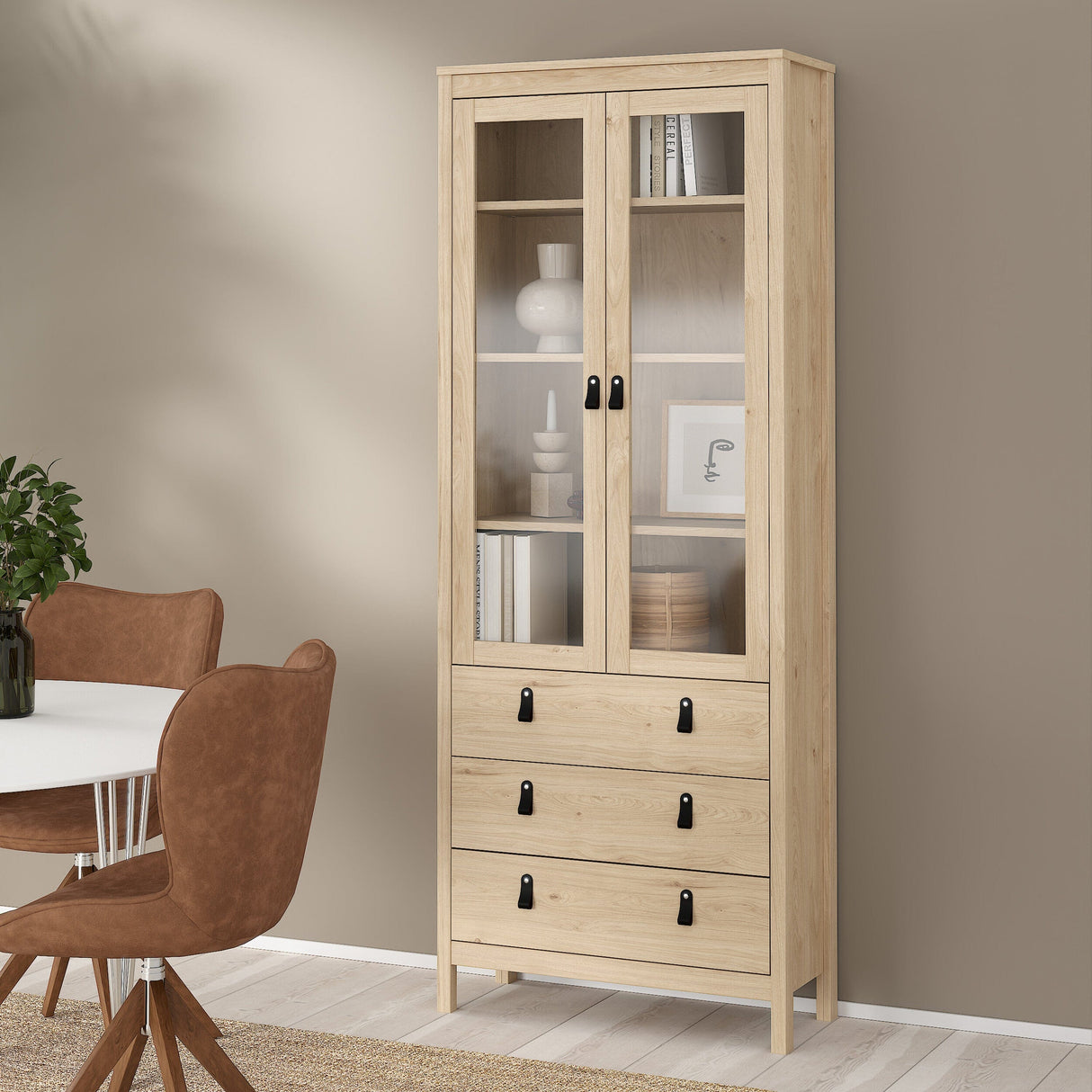 Furniture To Go Barcelona China Cabinet 2 Doors with Glass + 3 Drawers in Jackson Hickory Oak