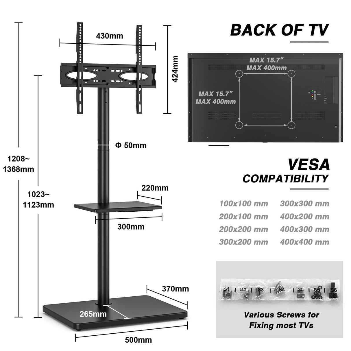 TTAP FS-BLK TV Stand with Bracket for up to 60" TVs - Black