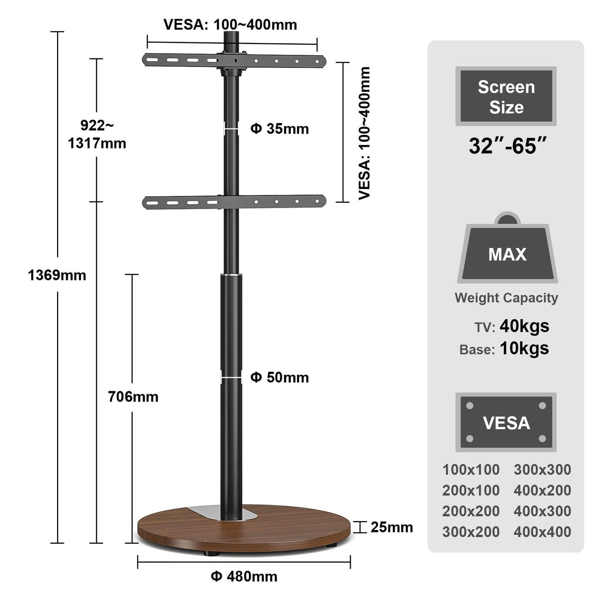 TTAP FSC-WAL TV Stand with Bracket for up to 65" TVs - Walnut and Black