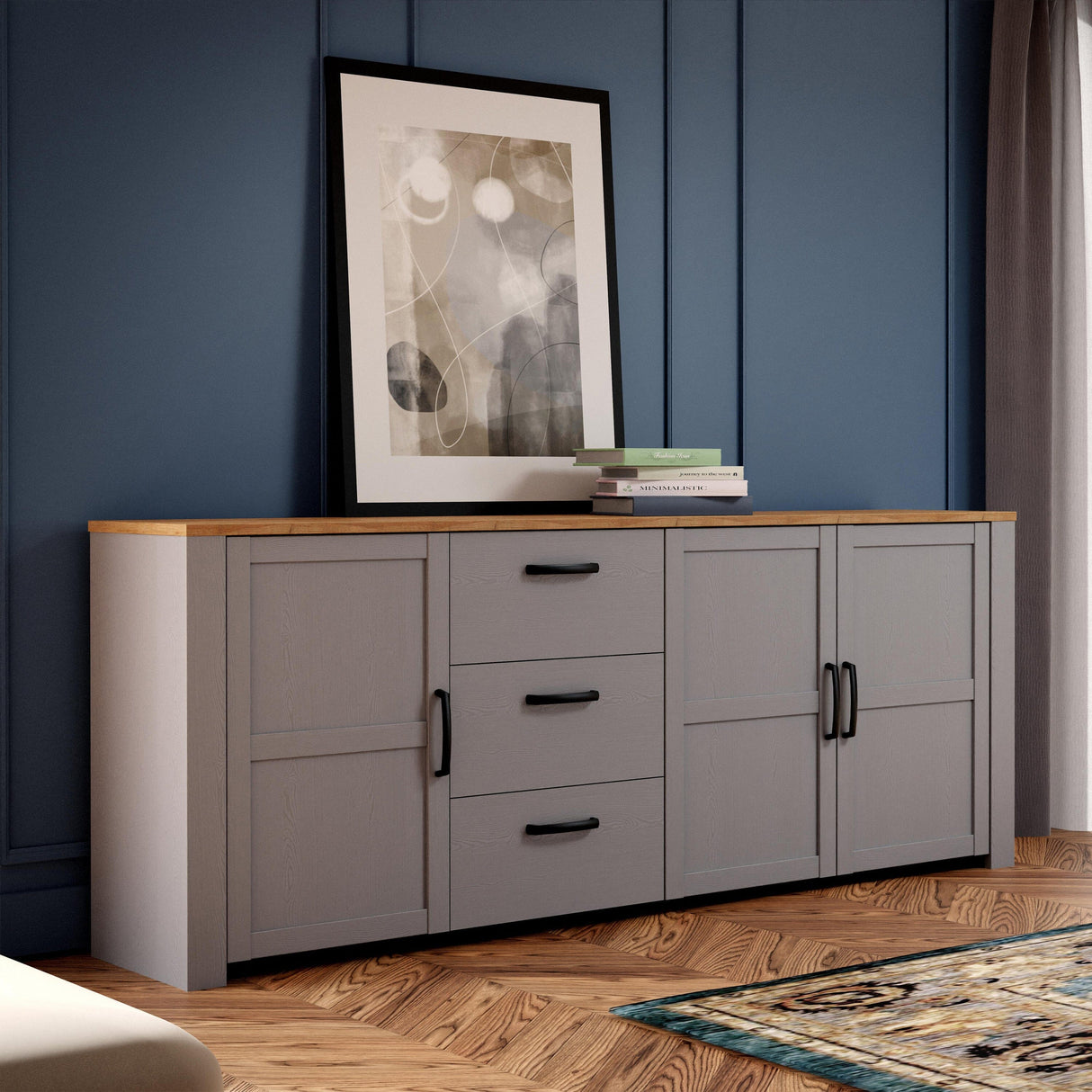 Furniture To Go Bohol 3 Door 3 Drawer Large Sideboard in Riviera Oak/Grey Oak