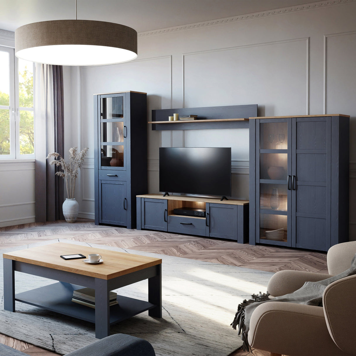 Furniture To Go Bohol 2 Door 1 Drawer Narrow Display Cabinet in Riviera Oak/Navy