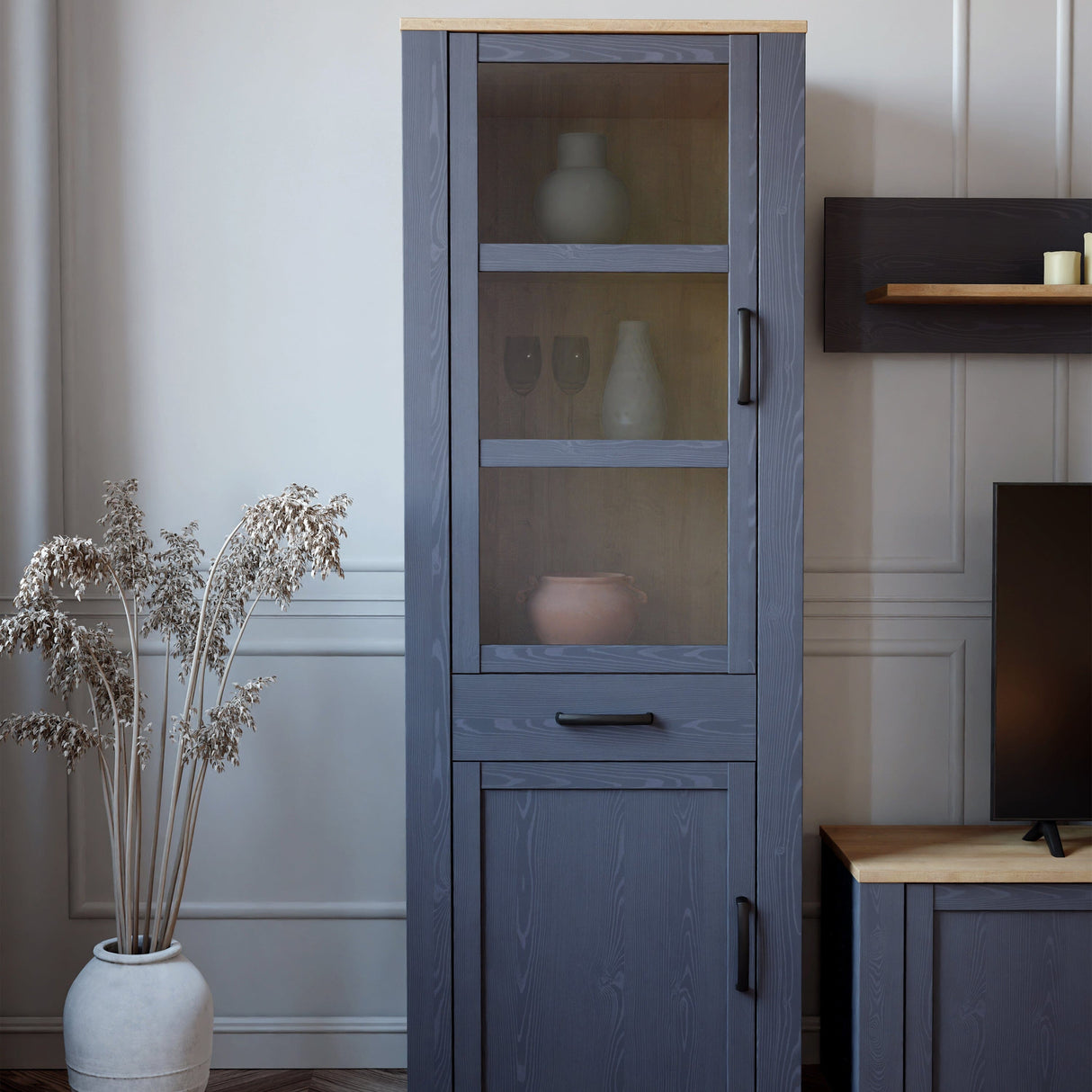 Furniture To Go Bohol 2 Door 1 Drawer Narrow Display Cabinet in Riviera Oak/Navy
