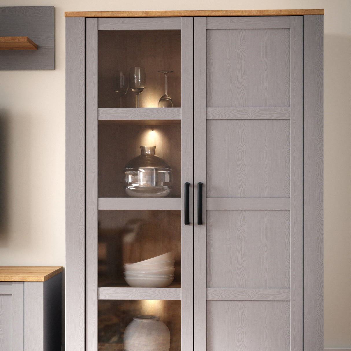 Furniture To Go Bohol Display Cabinet inc. 2x LED Lights in Riviera Oak/Grey Oak