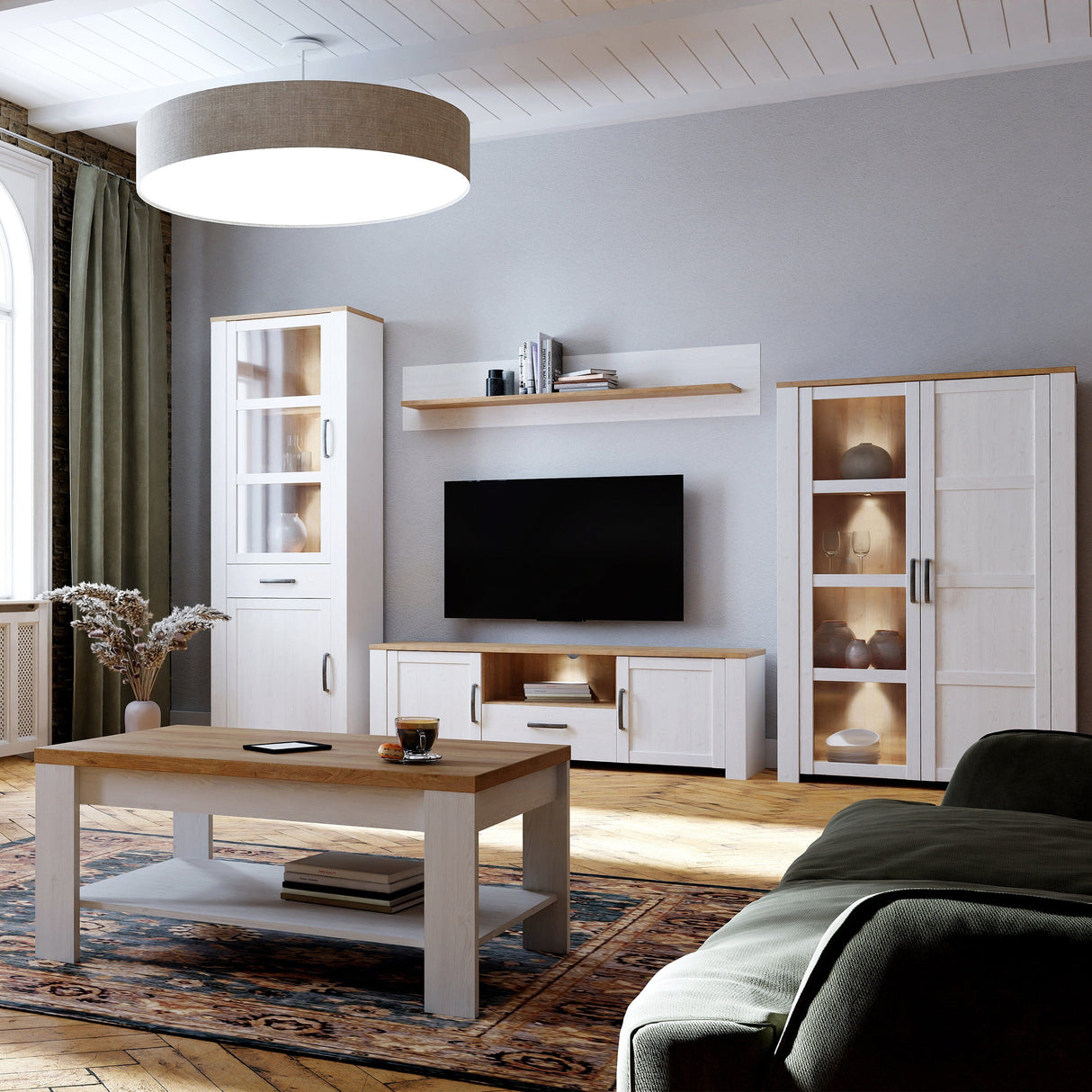 Furniture To Go Bohol Display Cabinet inc. 2x LED Lights in Riviera Oak/White