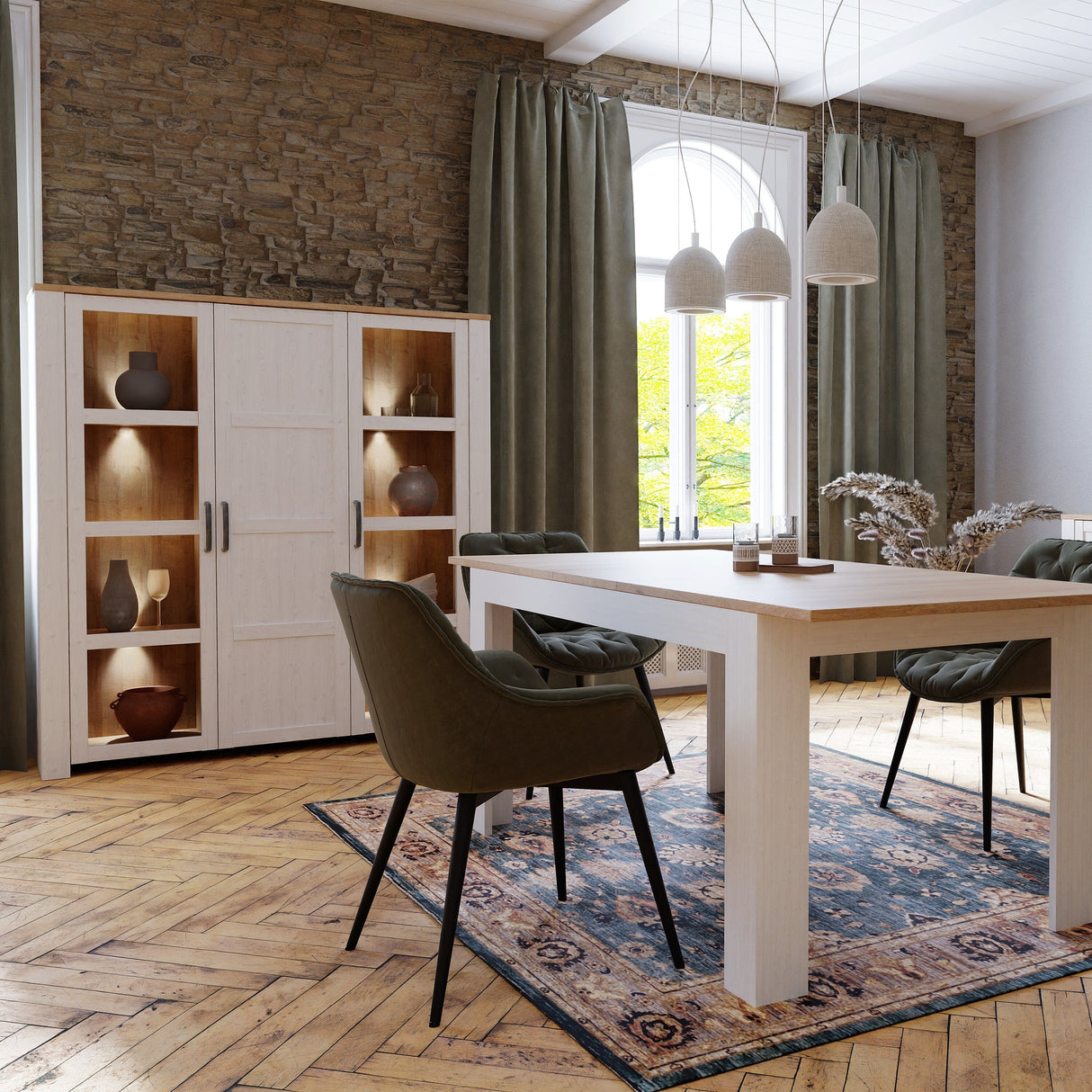 Furniture To Go Bohol Large Display Cabinet inc. 4x LED Lights in Riviera Oak/White