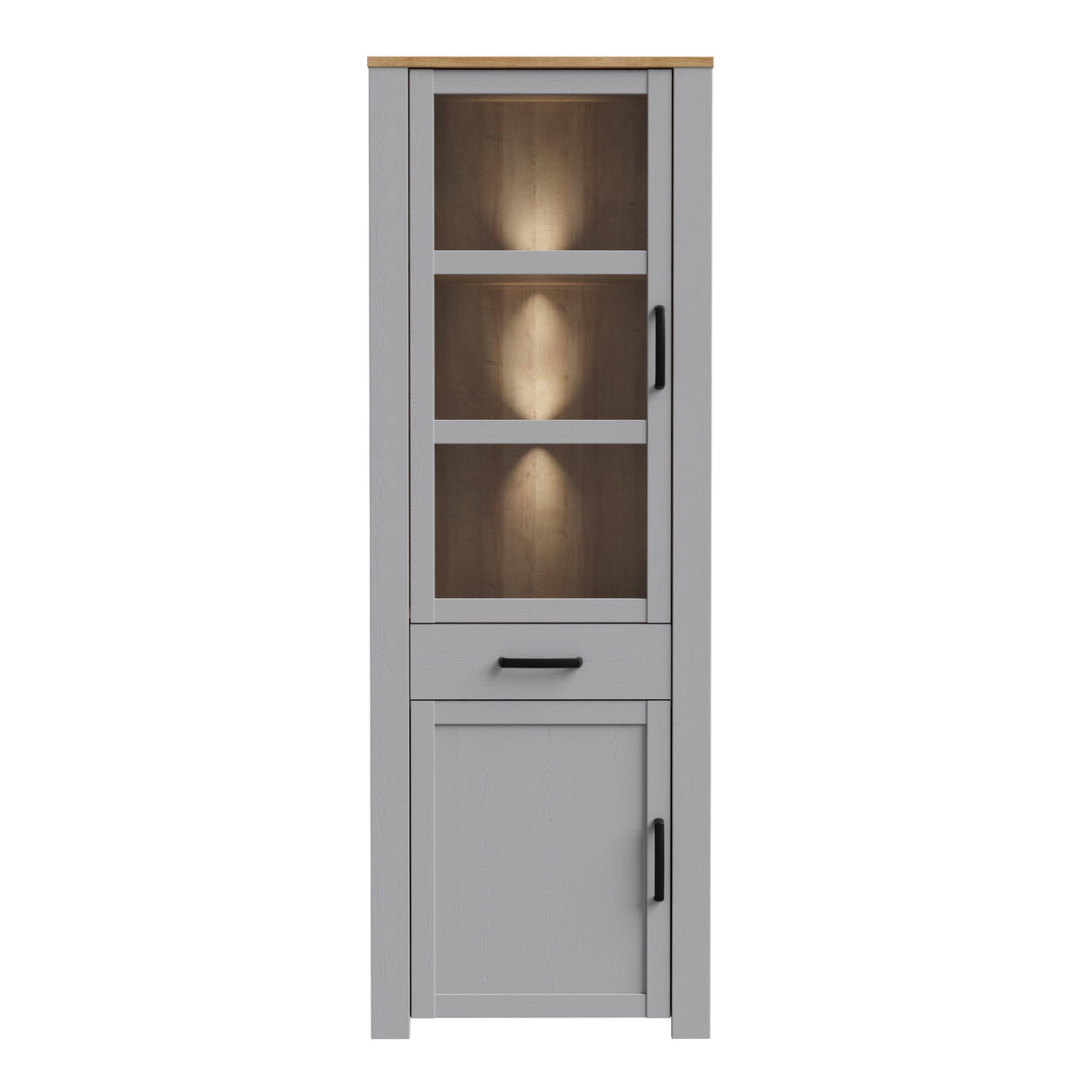 Furniture To Go Bohol Narrow Display Cabinet inc. 2x LED Lights in Riviera Oak/Grey Oak