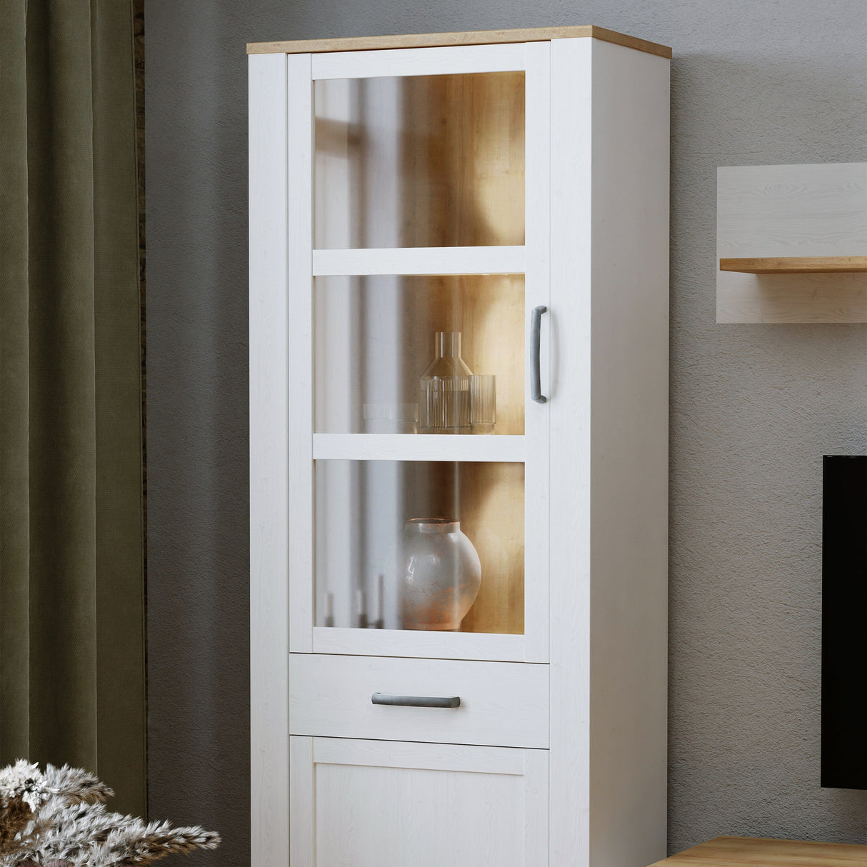 Furniture To Go Bohol Narrow Display Cabinet inc. 2x LED Lights in Riviera Oak/White