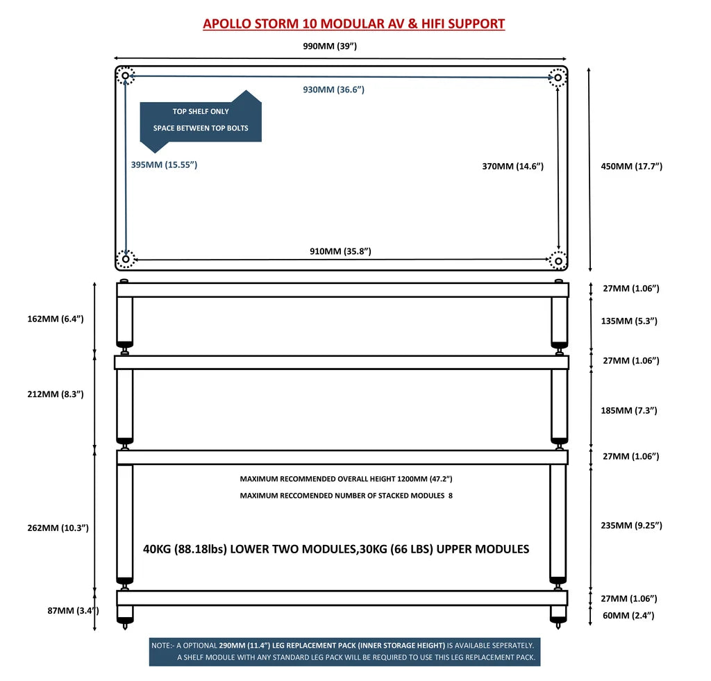 Technical drawing of Apollo Storm 10 modular AV & HiFi support with dimensions and weight information.