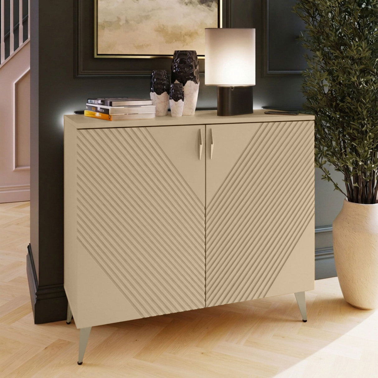 Frank Olsen AVA Natural Stone Tall Sideboard with Mood Lighting & Wireless Phone Charging
