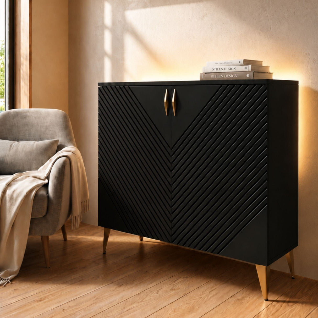 Frank Olsen AVA Black Tall Sideboard with Mood Lighting & Wireless Phone Charging