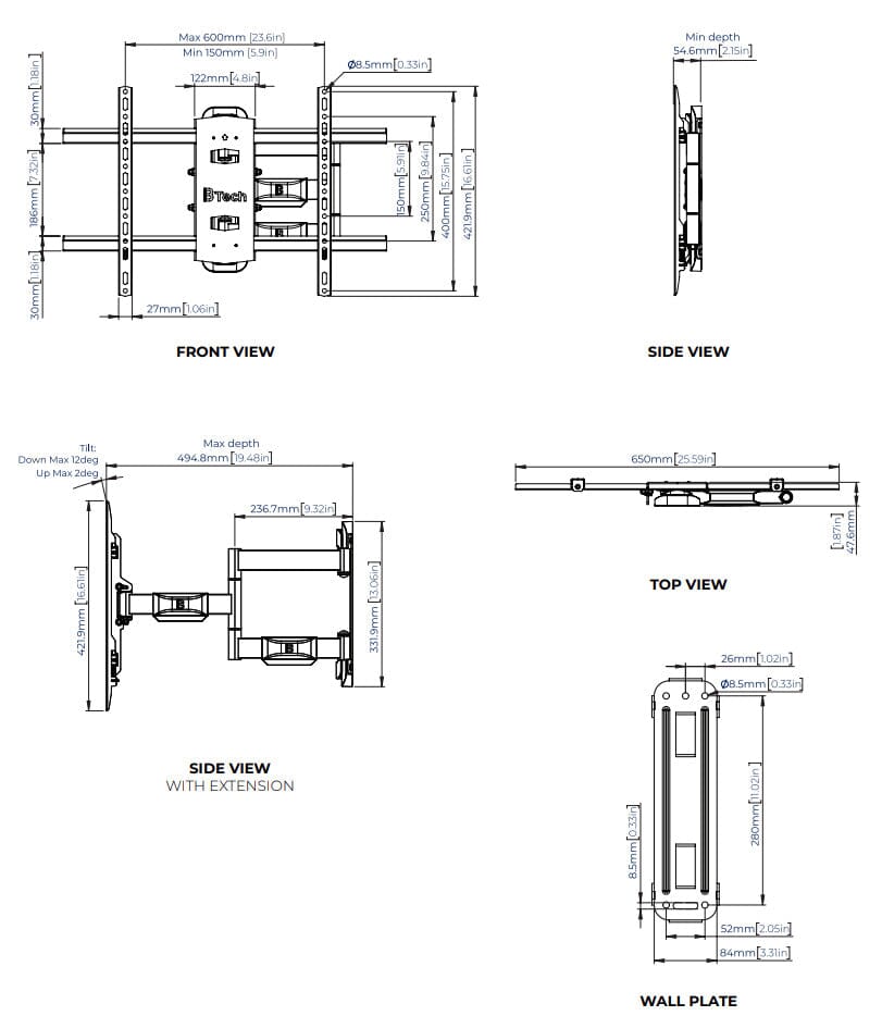 B-Tech Elements BT5226 - Black Ultra Slim Double Arm TV Wall Mount, Tilt and Swivel