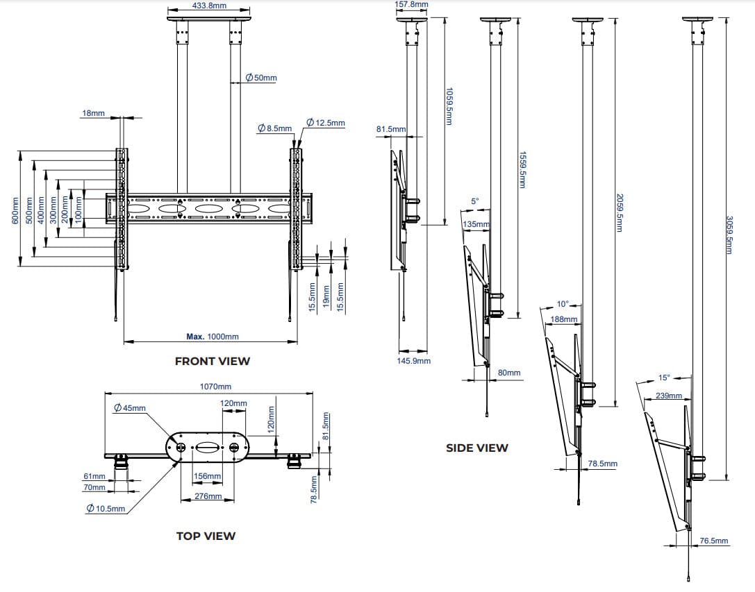 B-Tech BT8449 Heavy Duty TV Ceiling Bracket with Tilt for Screens up to 120 inch