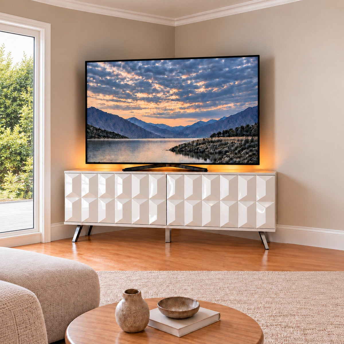 Frank Olsen Elevate White Corner TV Cabinet with LED Mood Lighting