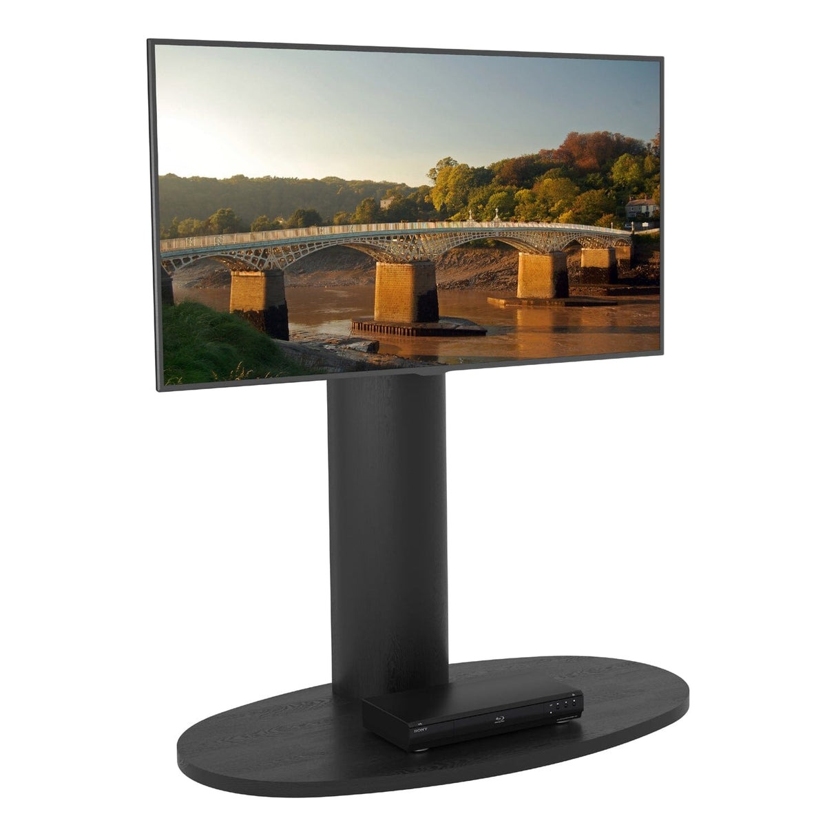 AVF Wooden Column Freestanding Oval Pedestal TV Stand, for TVs 32-65” – Black