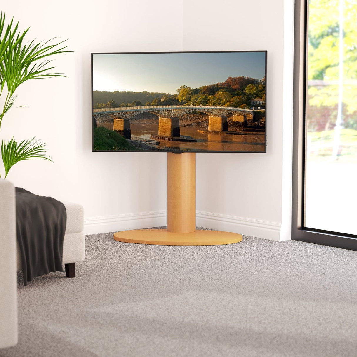 AVF Wooden Column Freestanding Oval Pedestal TV Stand, for TVs 32-65” – Oak