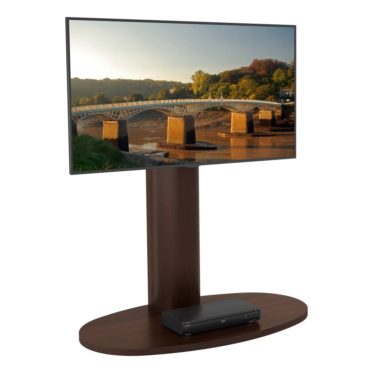 AVF Wooden Column Freestanding Oval Pedestal TV Stand, for TVs 32-65” – Walnut