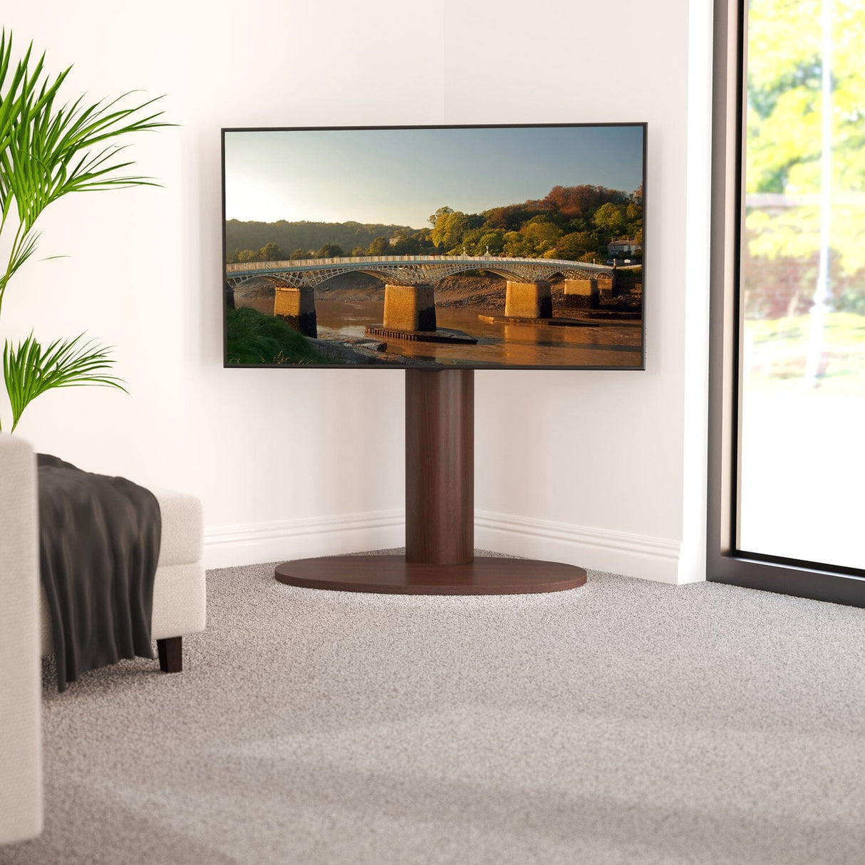 AVF Wooden Column Freestanding Oval Pedestal TV Stand, for TVs 32-65” – Walnut