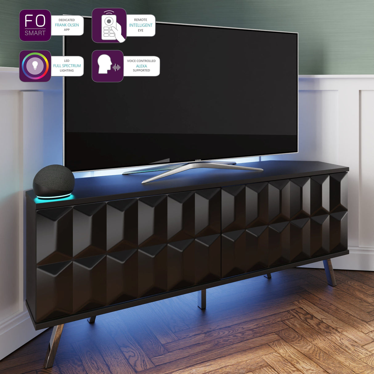 Frank Olsen Elevate Black Corner TV Cabinet with mood lighting & Intelligent eye