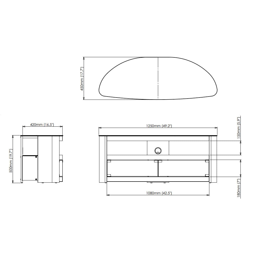 Dimensions of the AVF Affinity Burghley 1.25m Oak Curved TV Stand for TVs up to 65"