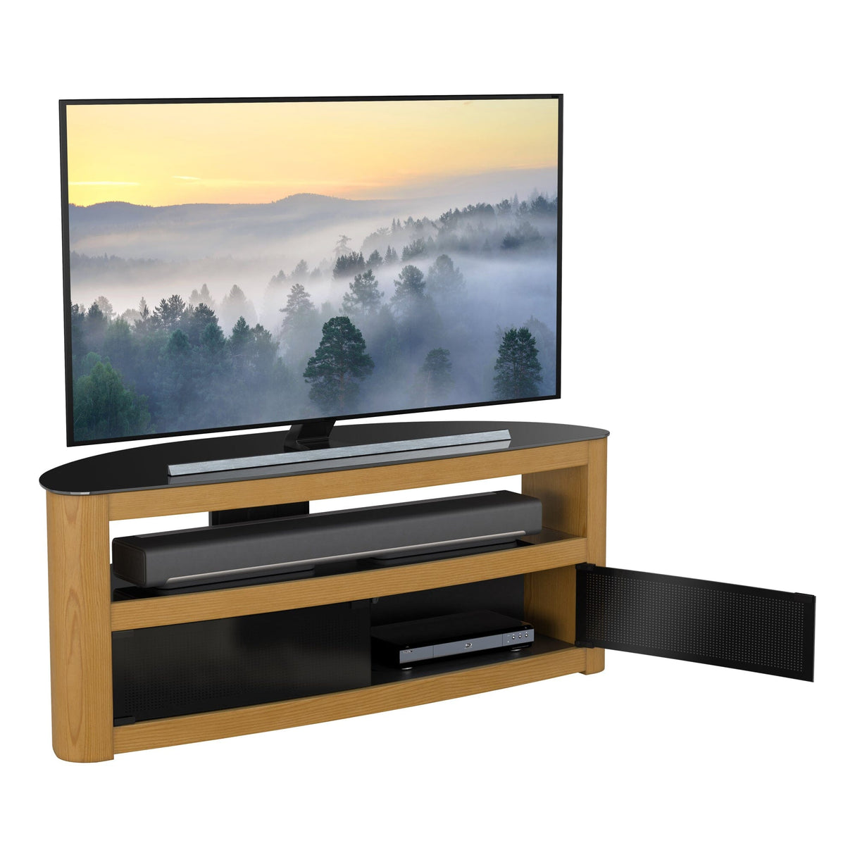 An oak wood TV stand with a curved design, featuring a TV mounted on it, glass doors, and open shelves.