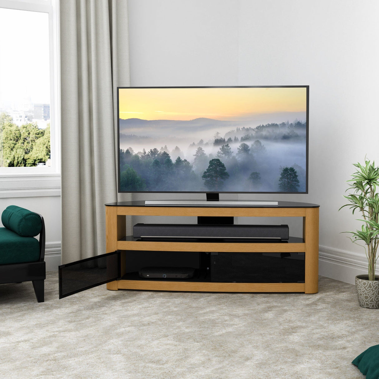 Lounge photo of the AVF Affinity Burghley 1.25m Oak Curved TV Stand for TVs up to 65"