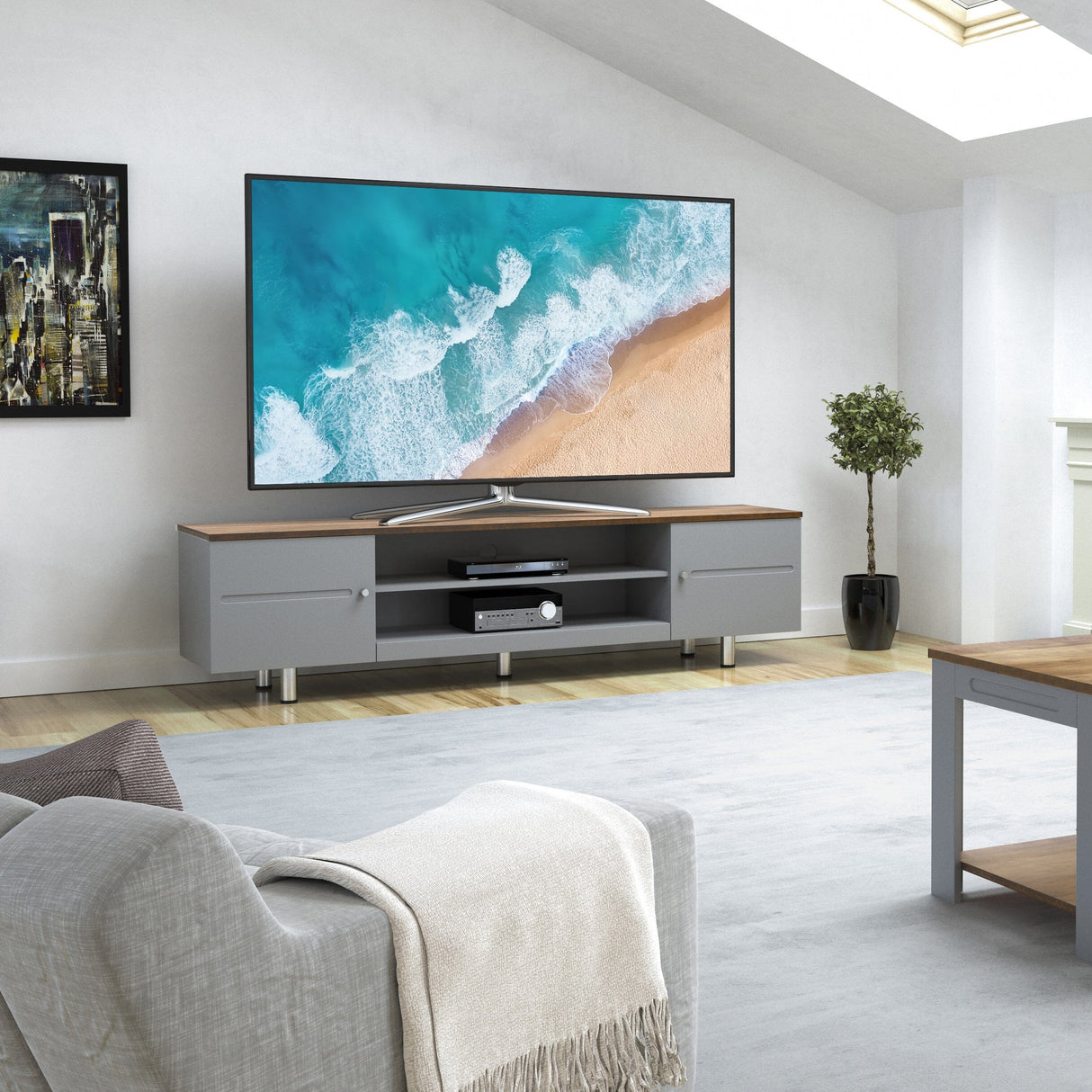 AVF Whitesands 1.9m TV Stand - Satin Grey & Wood