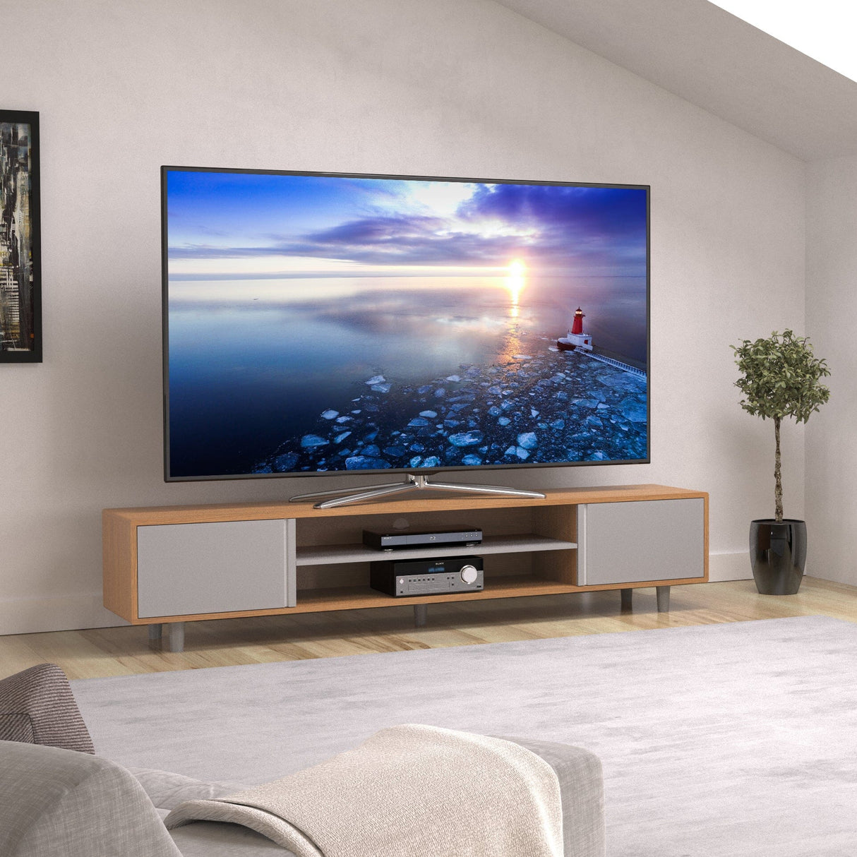AVF Harbour 2m TV Stand - Light Wood & Grey