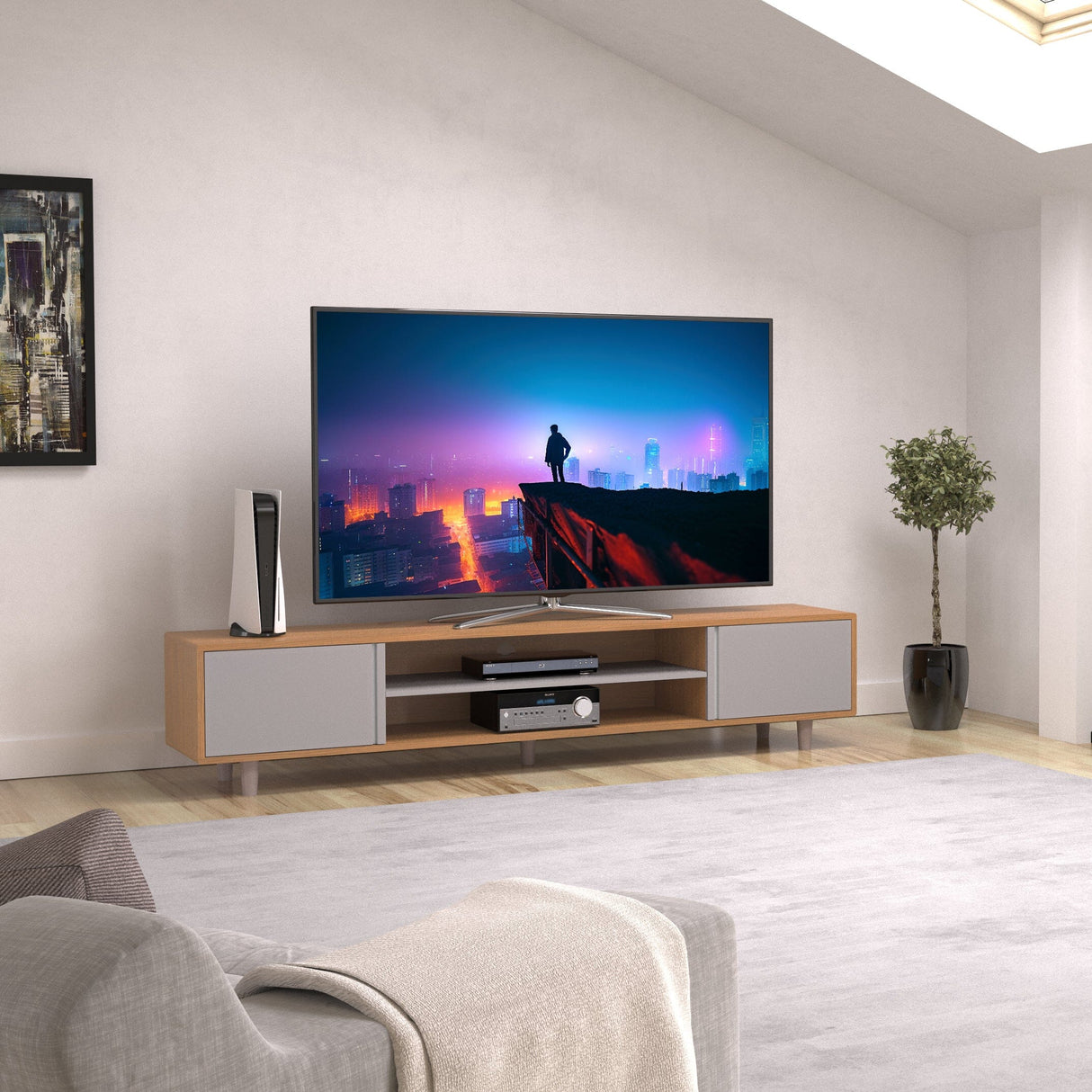 AVF Harbour 2m TV Stand - Light Wood & Grey