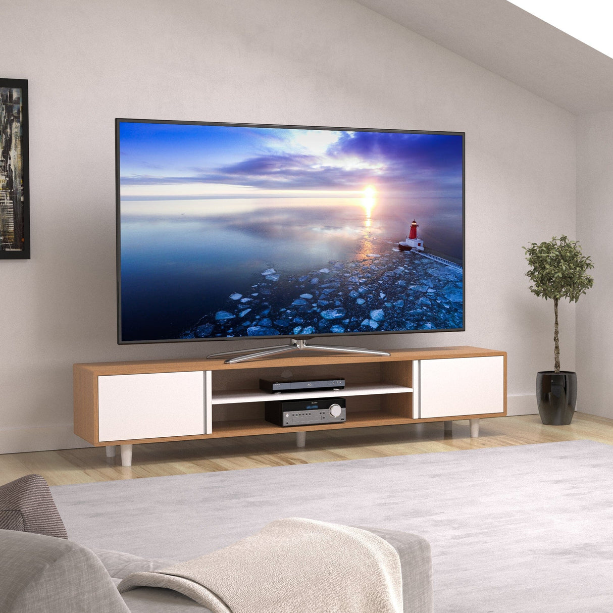 AVF Harbour 2m TV Stand - Light Wood & White
