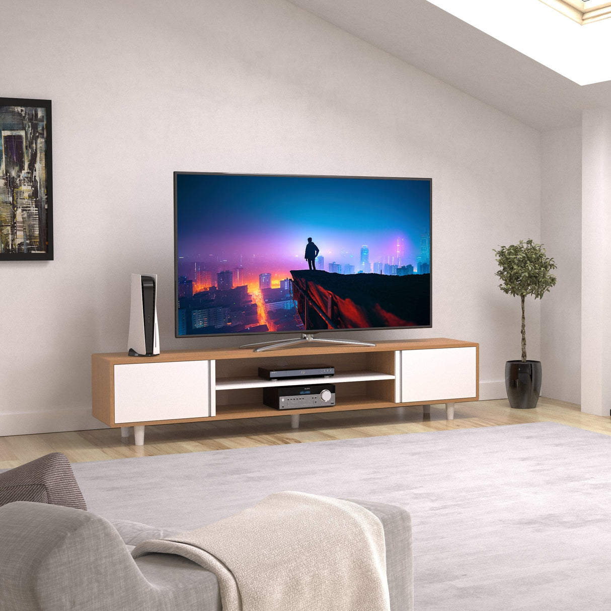 AVF Harbour 2m TV Stand - Light Wood & White
